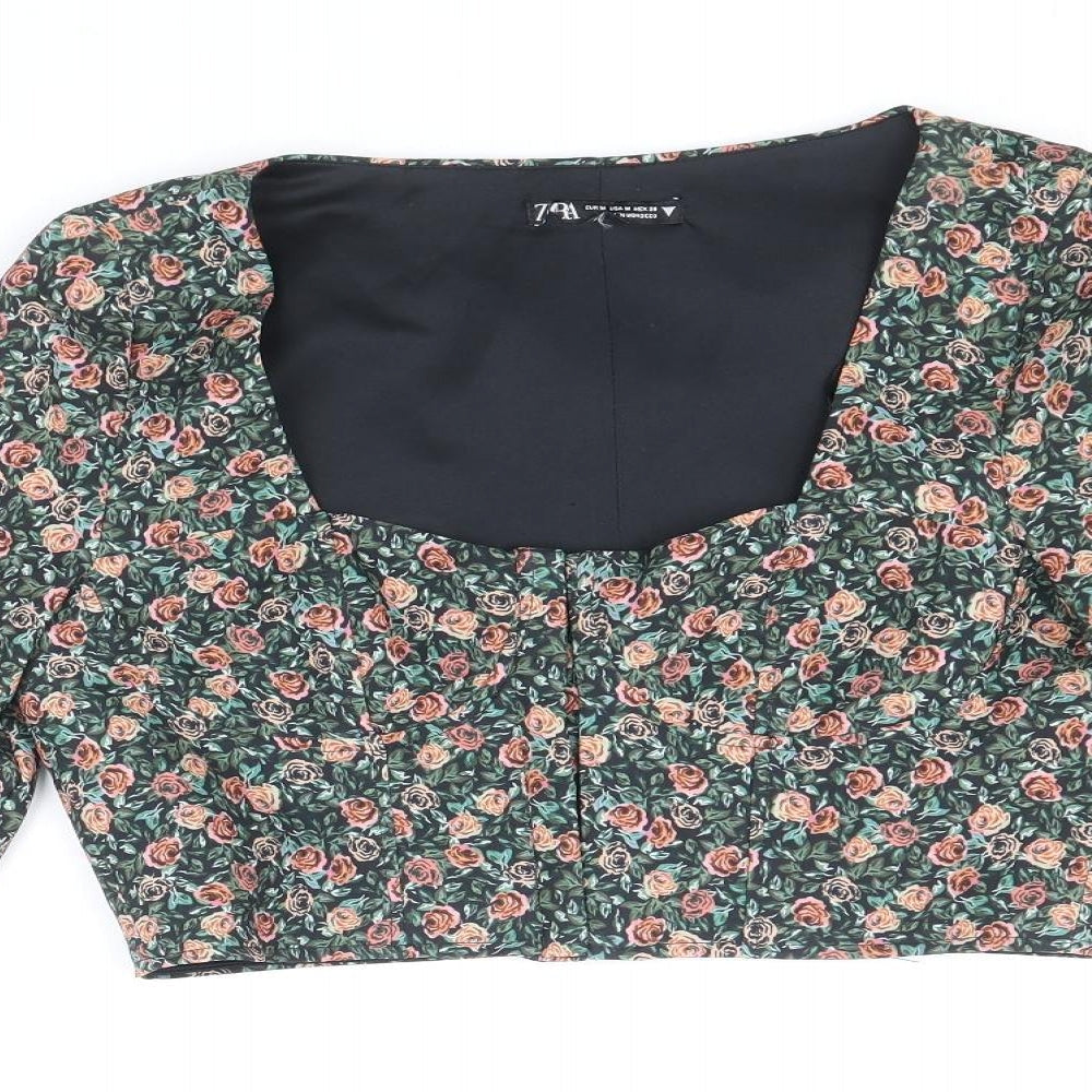 Zara Womens Multicoloured Floral Polyester Cropped Blouse Size M Square Neck