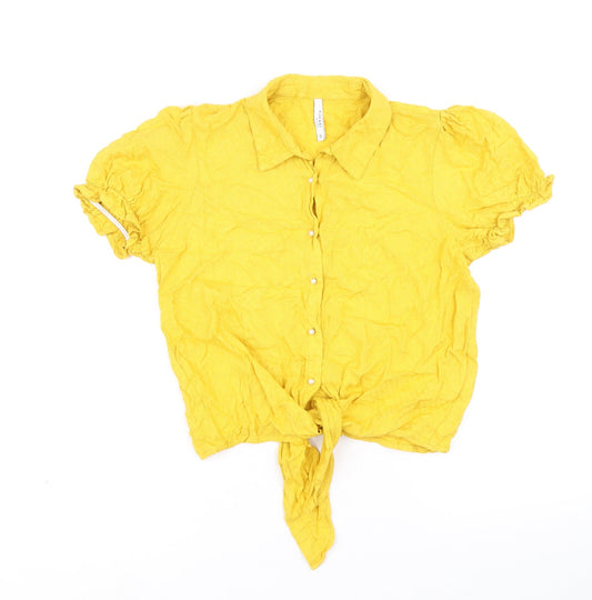 Tiffosi Womens Yellow Viscose Cropped Button-Up Size S Collared - Knot Front