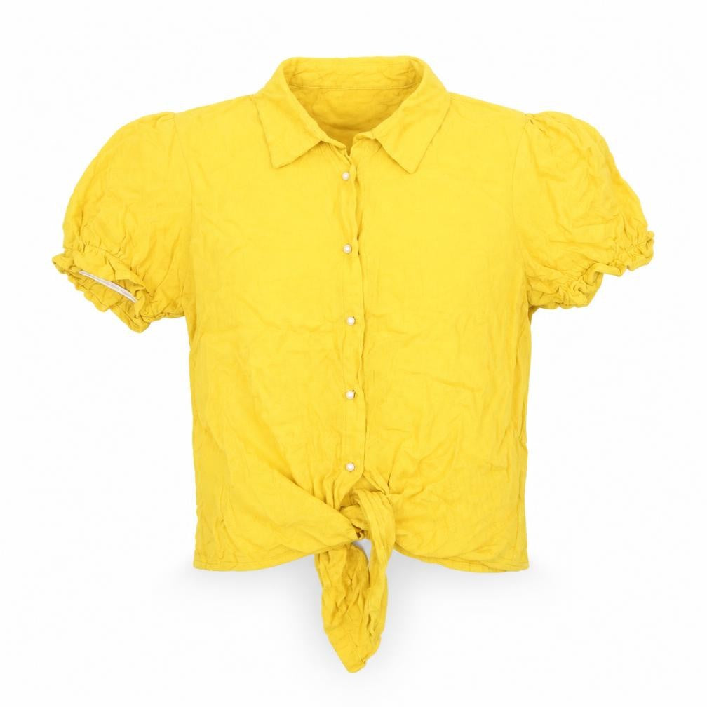 Tiffosi Womens Yellow Viscose Cropped Button-Up Size S Collared - Knot Front