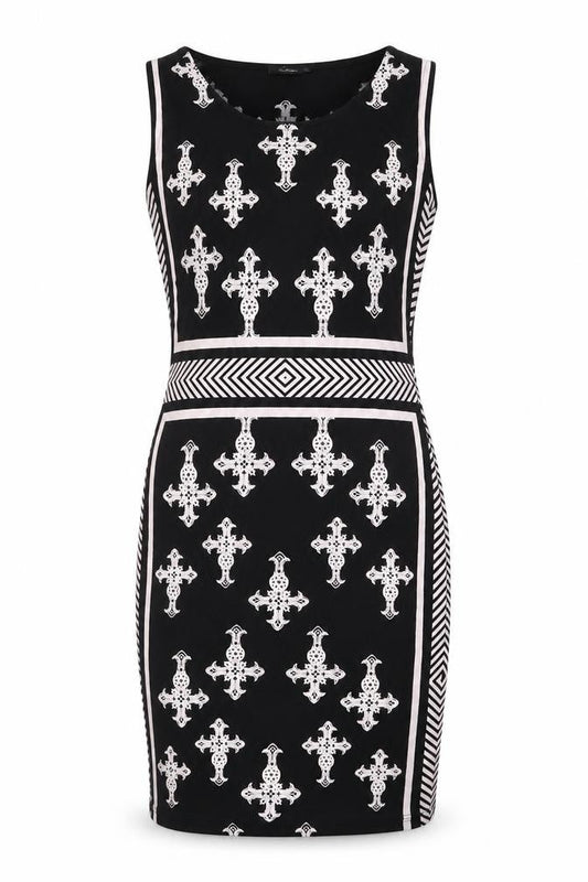 KIKIRIKI Womens Multicoloured Geometric Polyester Pencil Dress Size M Scoop Neck Pullover - Crosses