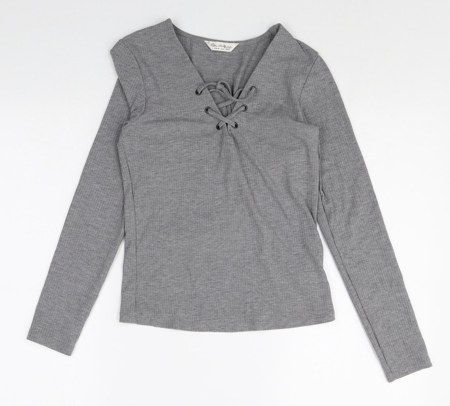 Miss Selfridge Womens Grey Polyacrylate Fibre Basic T-Shirt Size 10 V-Neck - Lace Up Front Detail