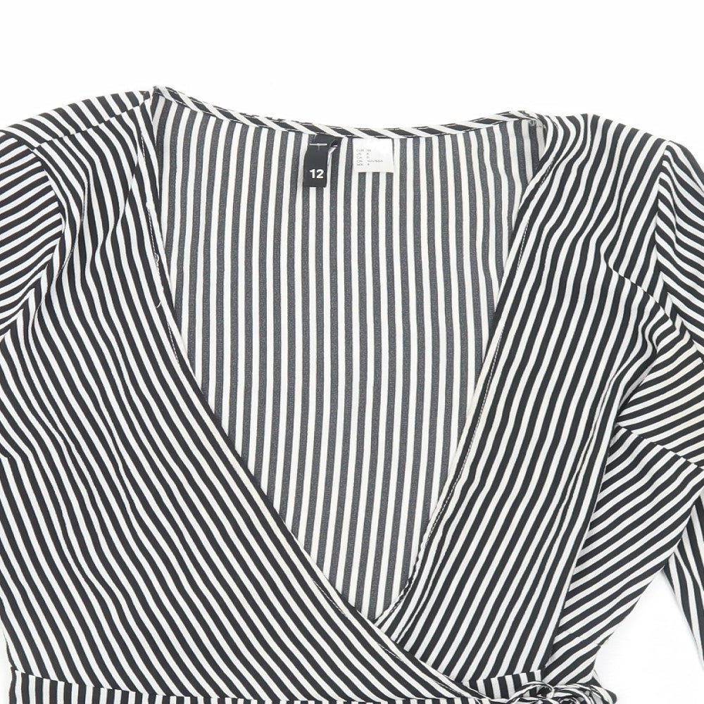 H&M Womens White Striped Polyester Wrap Blouse Size 12 V-Neck