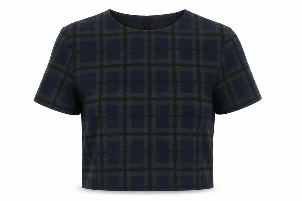 Miss Selfridge Womens Green Geometric Polyester Cropped T-Shirt Size 10 Round Neck