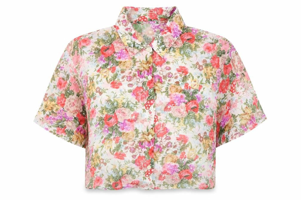Preworn Womens Multicoloured Floral Polyester Cropped Button-Up Size M Collared