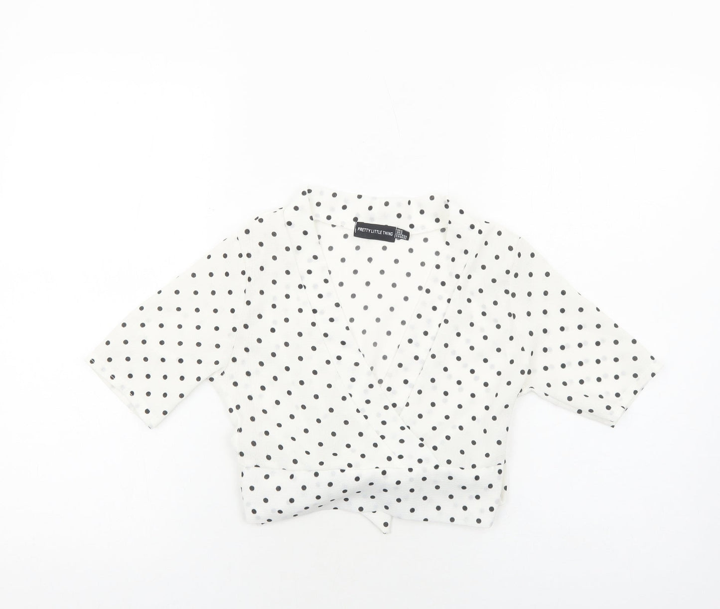 PRETTYLITTLETHING Womens White Polka Dot Polyester Cropped Blouse Size 6 V-Neck