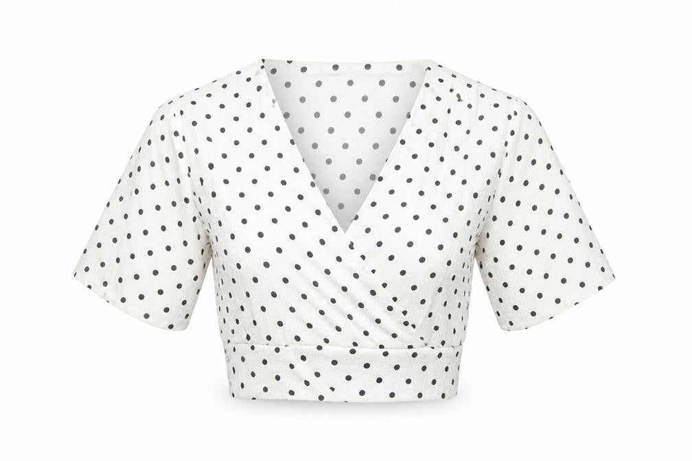 PRETTYLITTLETHING Womens White Polka Dot Polyester Cropped Blouse Size 6 V-Neck