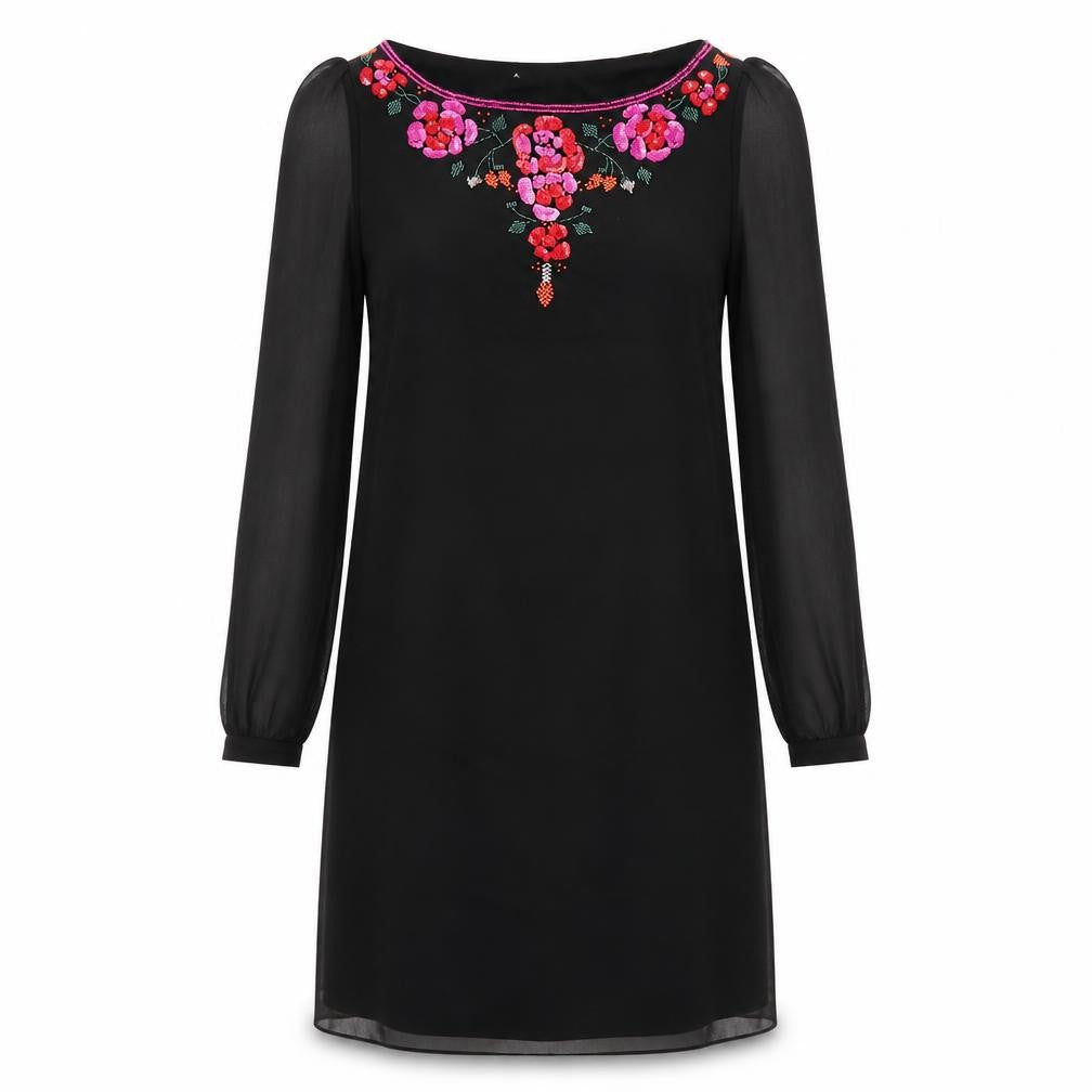 Teatro Womens Black Polyester A-Line Size 10 Boat Neck Zip - Flower