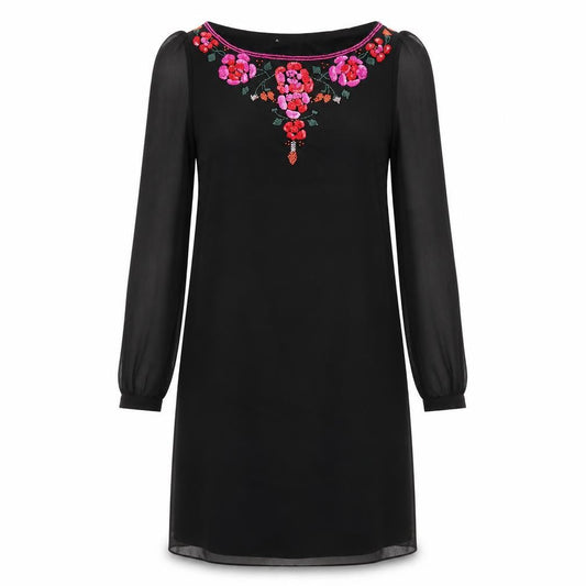 Teatro Womens Black Polyester A-Line Size 10 Boat Neck Zip - Flower