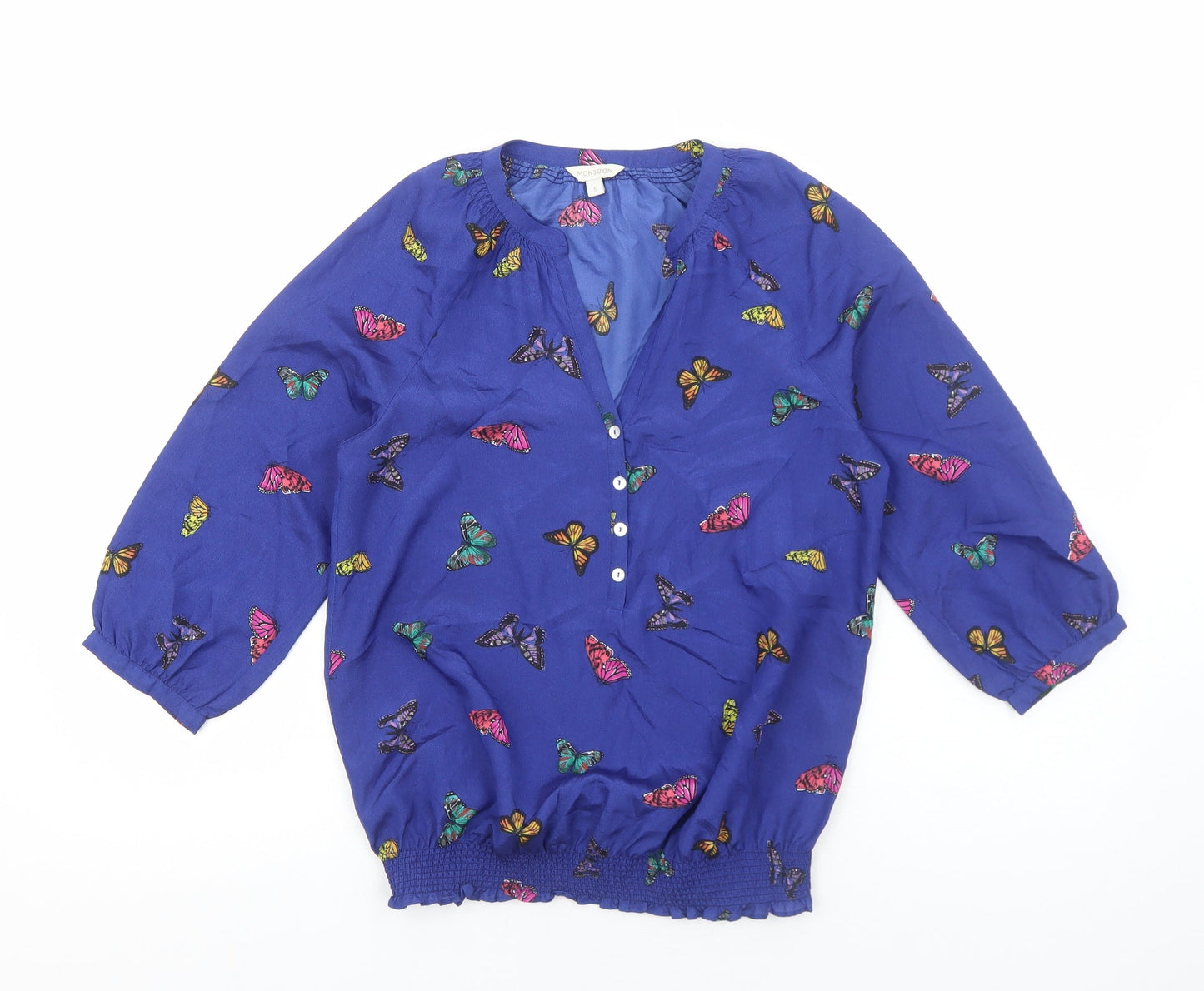 Monsoon Womens Blue Geometric Polyester Basic Blouse Size S V-Neck - Butterfly Pattern