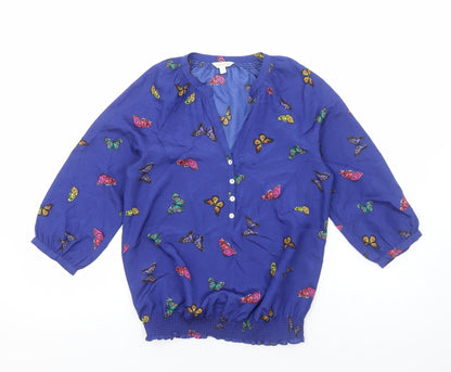 Preloved Monsoon Womens Blue Geometric Polyester Basic Blouse Size S V-Neck - Butterfly Pattern - Front