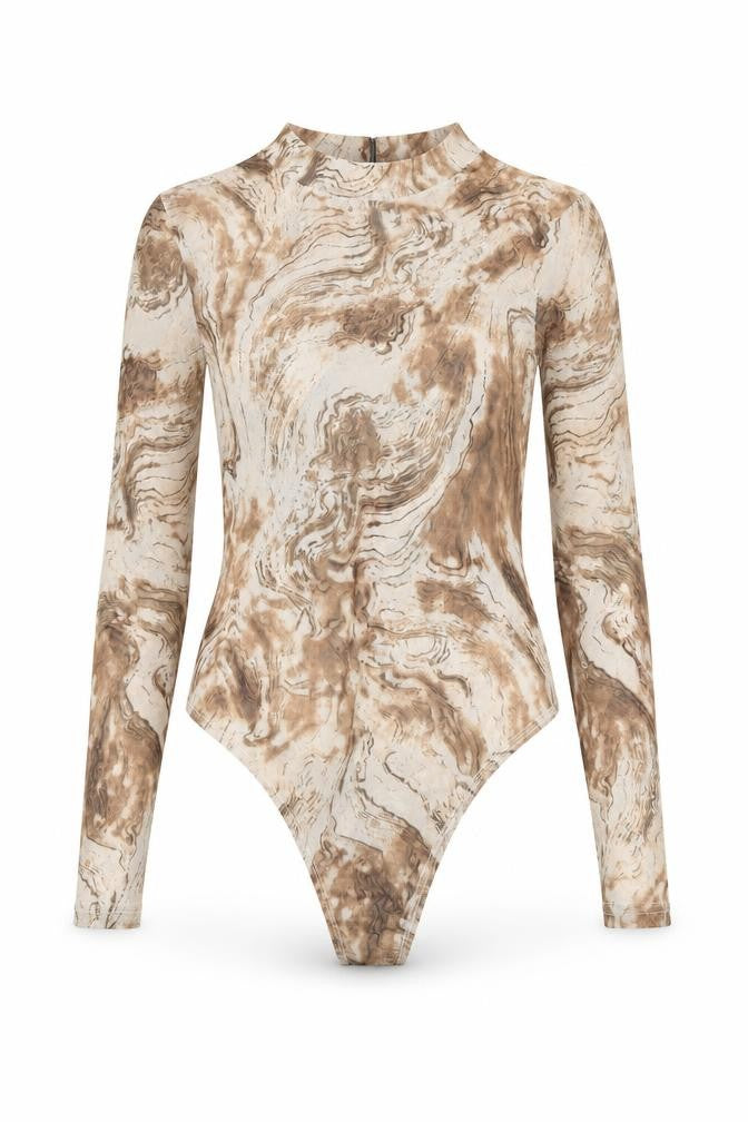 SheIn Womens Beige Geometric Polyester Bodysuit One-Piece Size S Snap