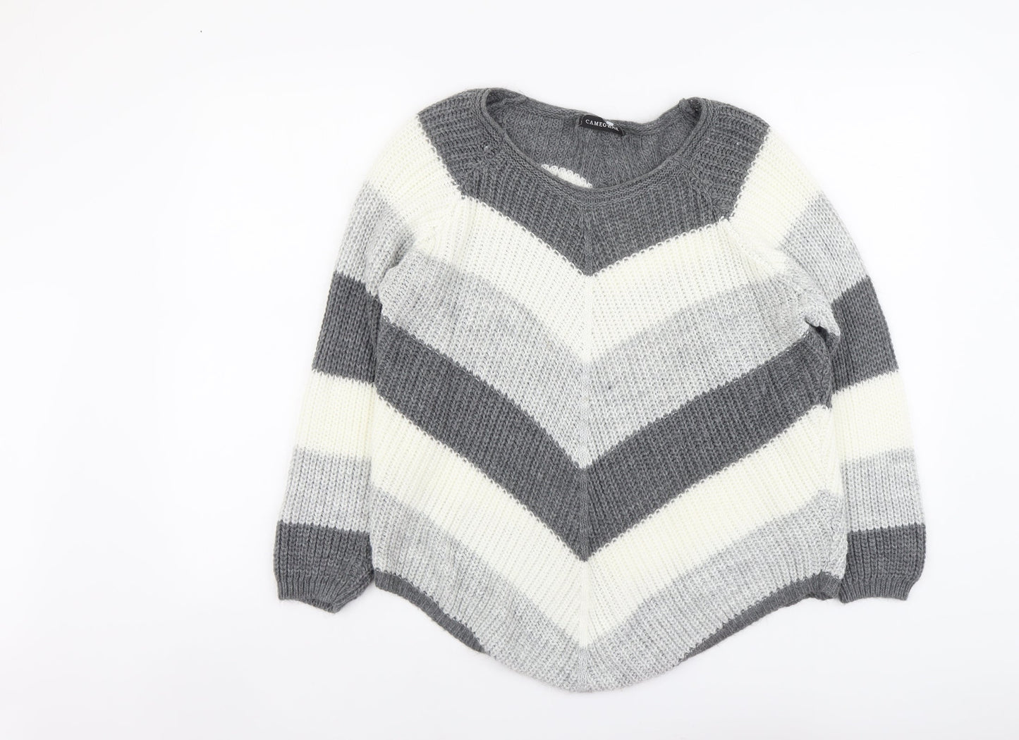 Cameo Rose Womens Grey Round Neck Striped Acrylic Pullover Jumper Size M