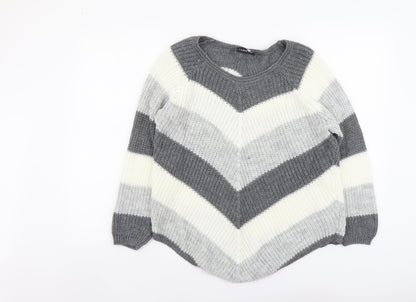 Cameo Rose Womens Grey Round Neck Striped Acrylic Pullover Jumper Size M