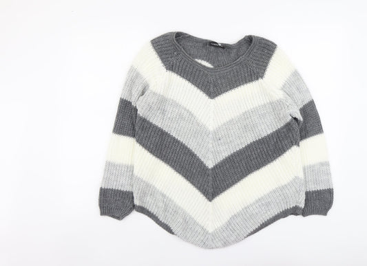 Cameo Rose Womens Grey Round Neck Striped Acrylic Pullover Jumper Size M