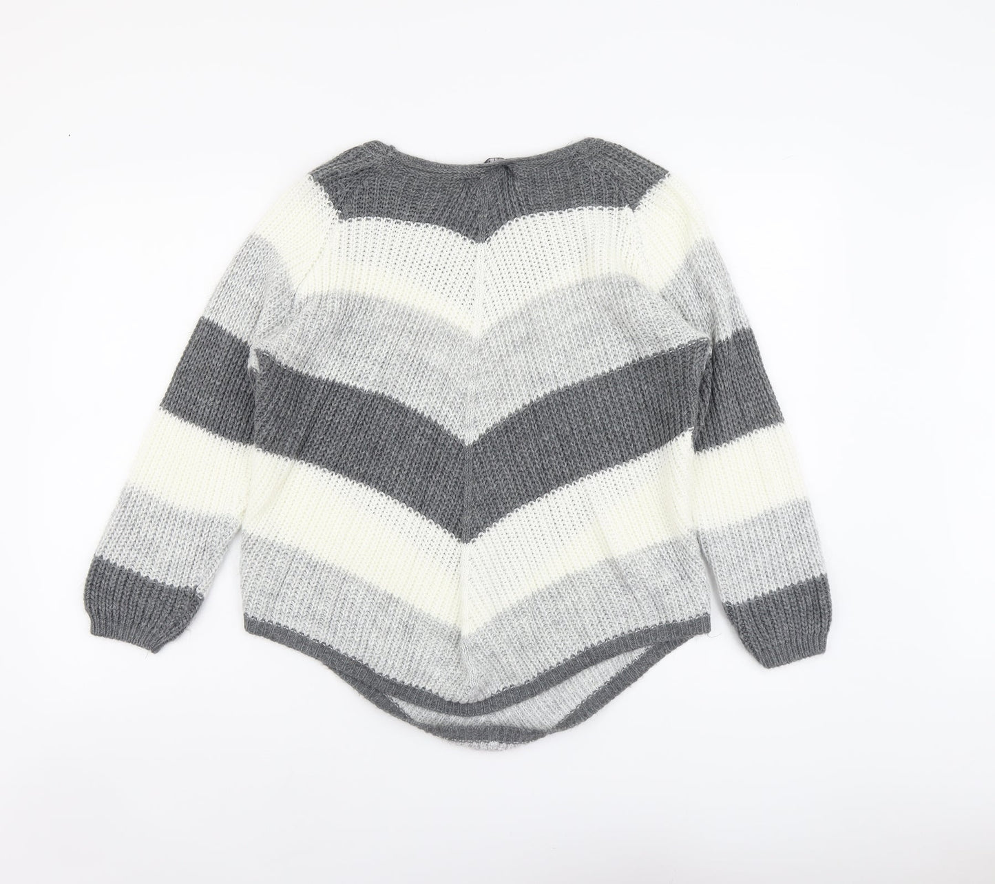 Cameo Rose Womens Grey Round Neck Striped Acrylic Pullover Jumper Size M