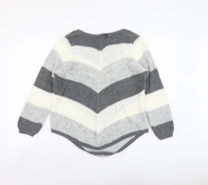 Cameo Rose Womens Grey Round Neck Striped Acrylic Pullover Jumper Size M