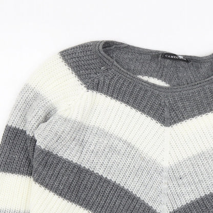 Cameo Rose Womens Grey Round Neck Striped Acrylic Pullover Jumper Size M
