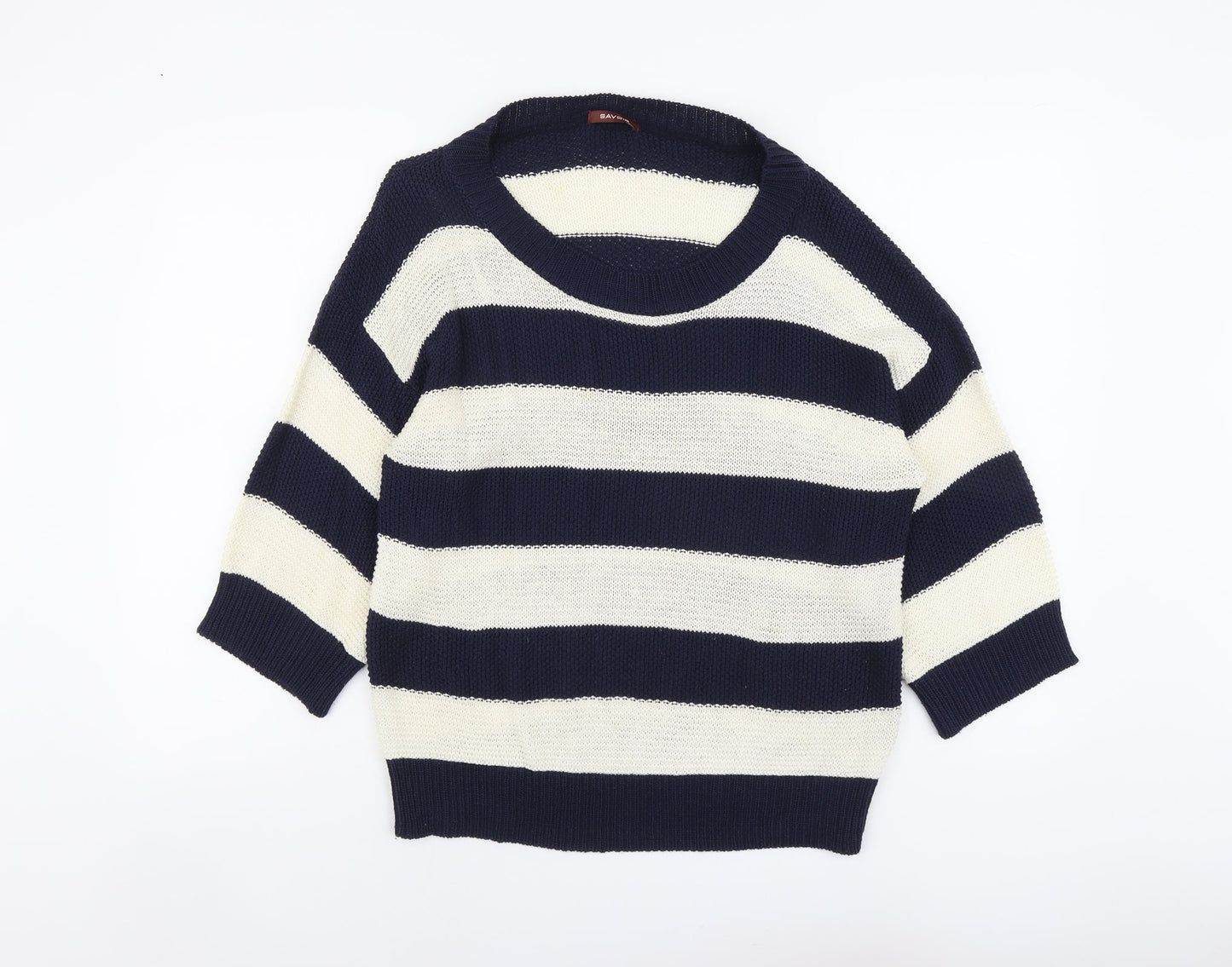 Savoir Womens Beige Scoop Neck Striped Cotton Pullover Jumper Size 14