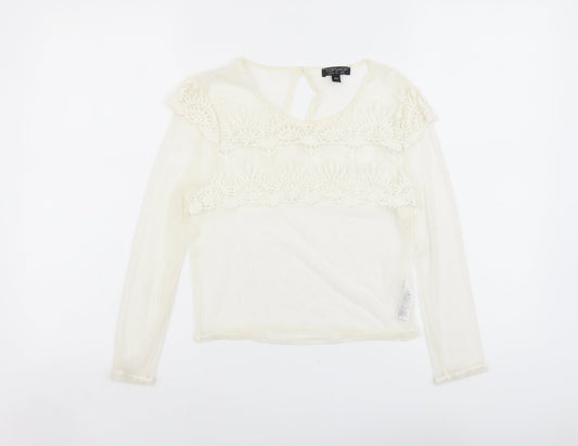 Topshop Womens Ivory Polyester Cropped Blouse Size 10 Scoop Neck - Lace Details