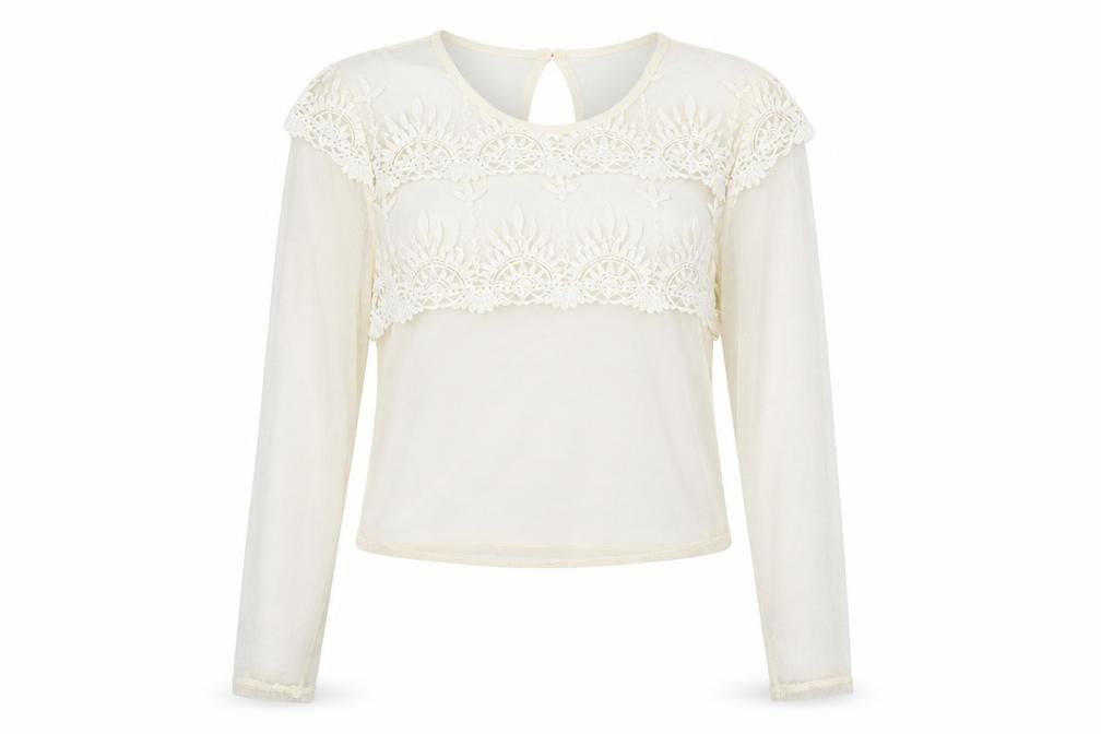 Topshop Womens Ivory Polyester Cropped Blouse Size 10 Scoop Neck - Lace Details
