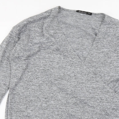 Boohoo Womens Grey Polyester Basic Blouse Size S V-Neck