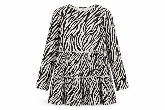 River Island Womens Black Animal Print 100% Cotton A-Line Size 14 Boat Neck Pullover - Zebra Print Tiered