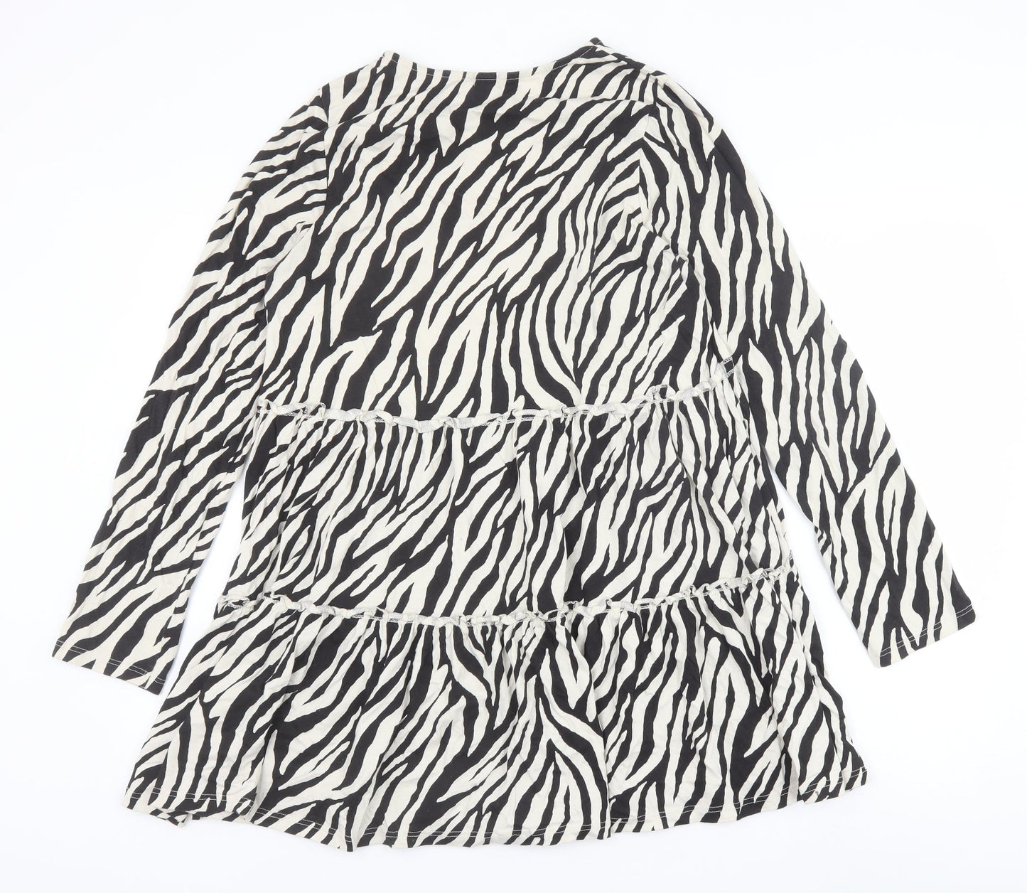 River Island Womens Black Animal Print 100% Cotton A-Line Size 14 Boat Neck Pullover - Zebra Print Tiered