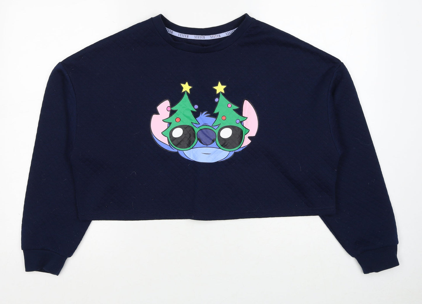 Disney Womens Blue Polyester Pullover Sweatshirt Size 12 Pullover - Stitch Christmas, Cropped