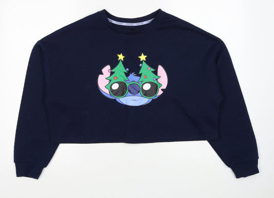 Disney Womens Blue Polyester Pullover Sweatshirt Size 12 Pullover - Stitch Christmas, Cropped