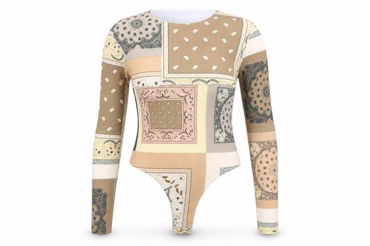 PRETTYLITTLETHING Womens Brown Geometric Polyester Bodysuit One-Piece Size 16 Snap - Patchwork