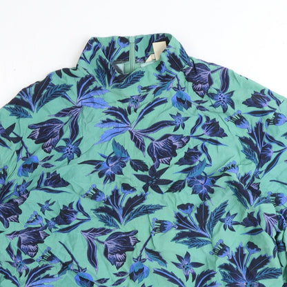 H&M Womens Blue Floral Polyester Basic Blouse Size 8 Mock Neck