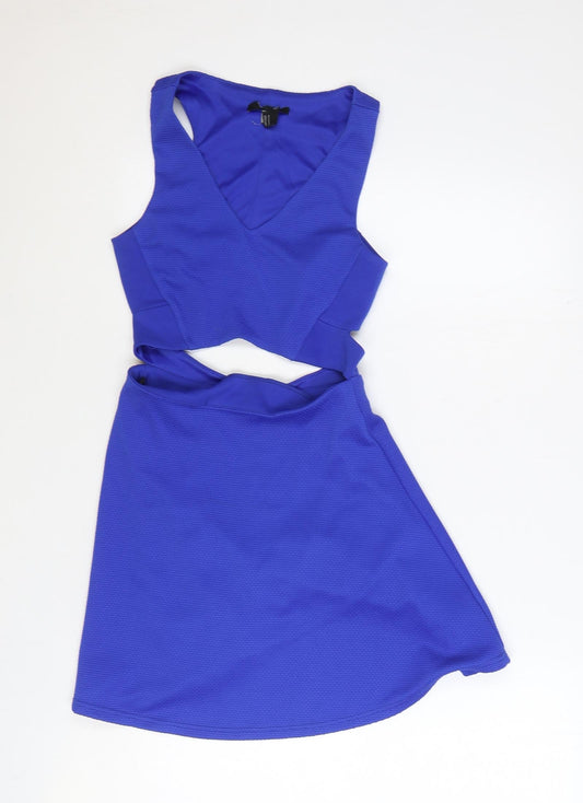 Preworn Womens Blue Polyester A-Line Size S V-Neck Zip - Cut Out