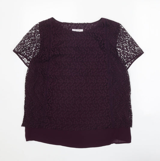 Per Una Womens Purple Geometric Polyester Basic T-Shirt Size 12 Boat Neck