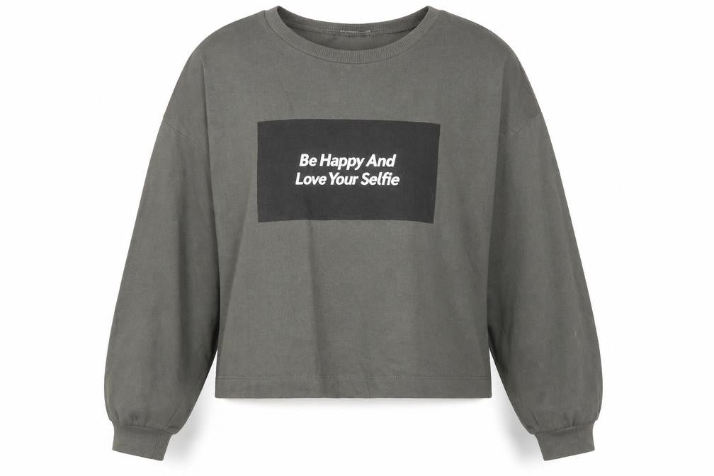 Zara Womens Green Cotton Pullover Sweatshirt Size S Pullover - Cropped, Be Happy & Love Your Selfie
