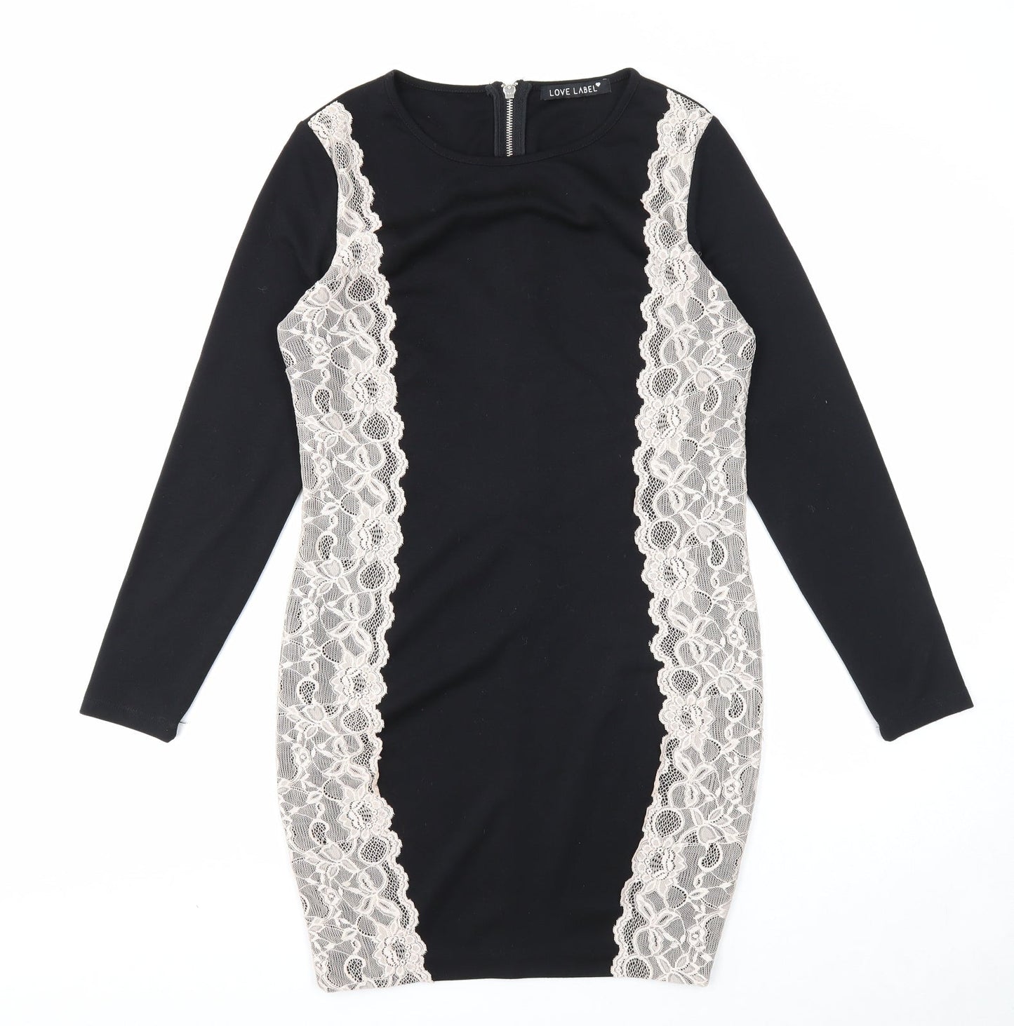 Love Label Womens Black Polyester Pencil Dress Size 12 Round Neck Zip - Lace Overlay