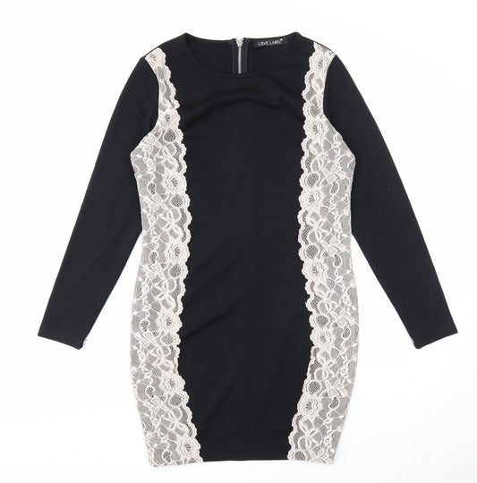 Love Label Womens Black Polyester Pencil Dress Size 12 Round Neck Zip - Lace Overlay