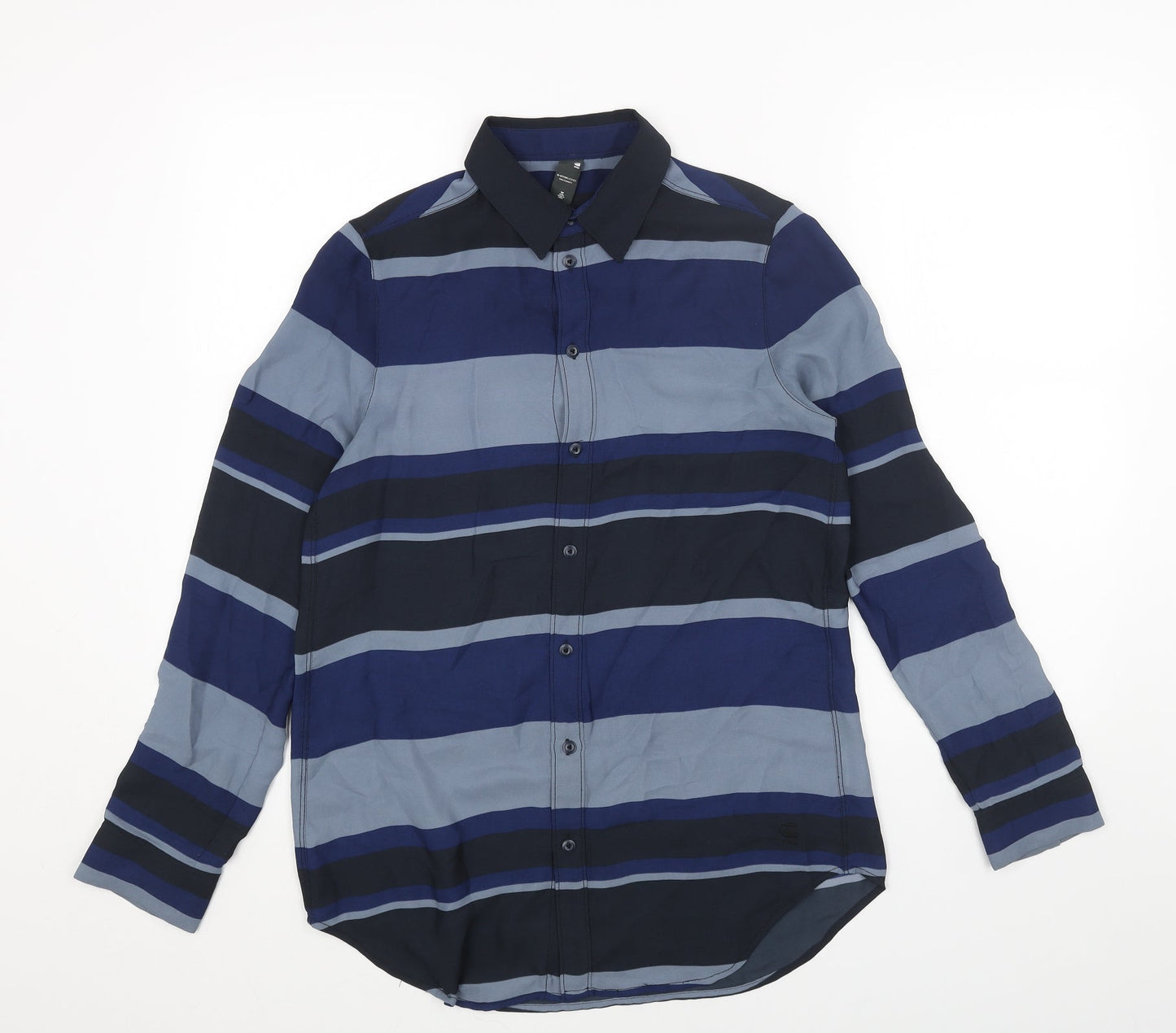 Raw Blue Mens Blue Striped Polyester Button-Up Size XS Collared Button