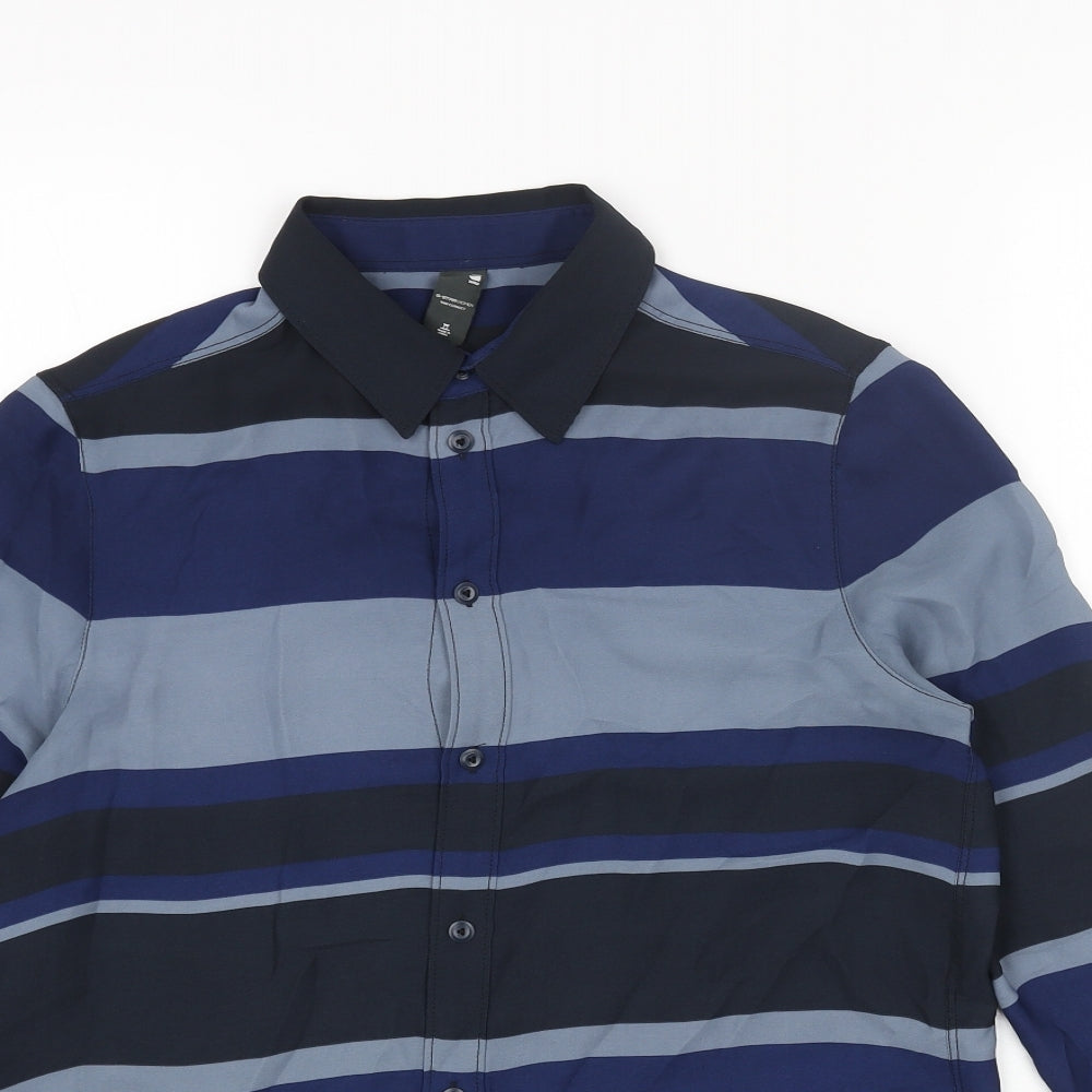 Raw Blue Mens Blue Striped Polyester Button-Up Size XS Collared Button