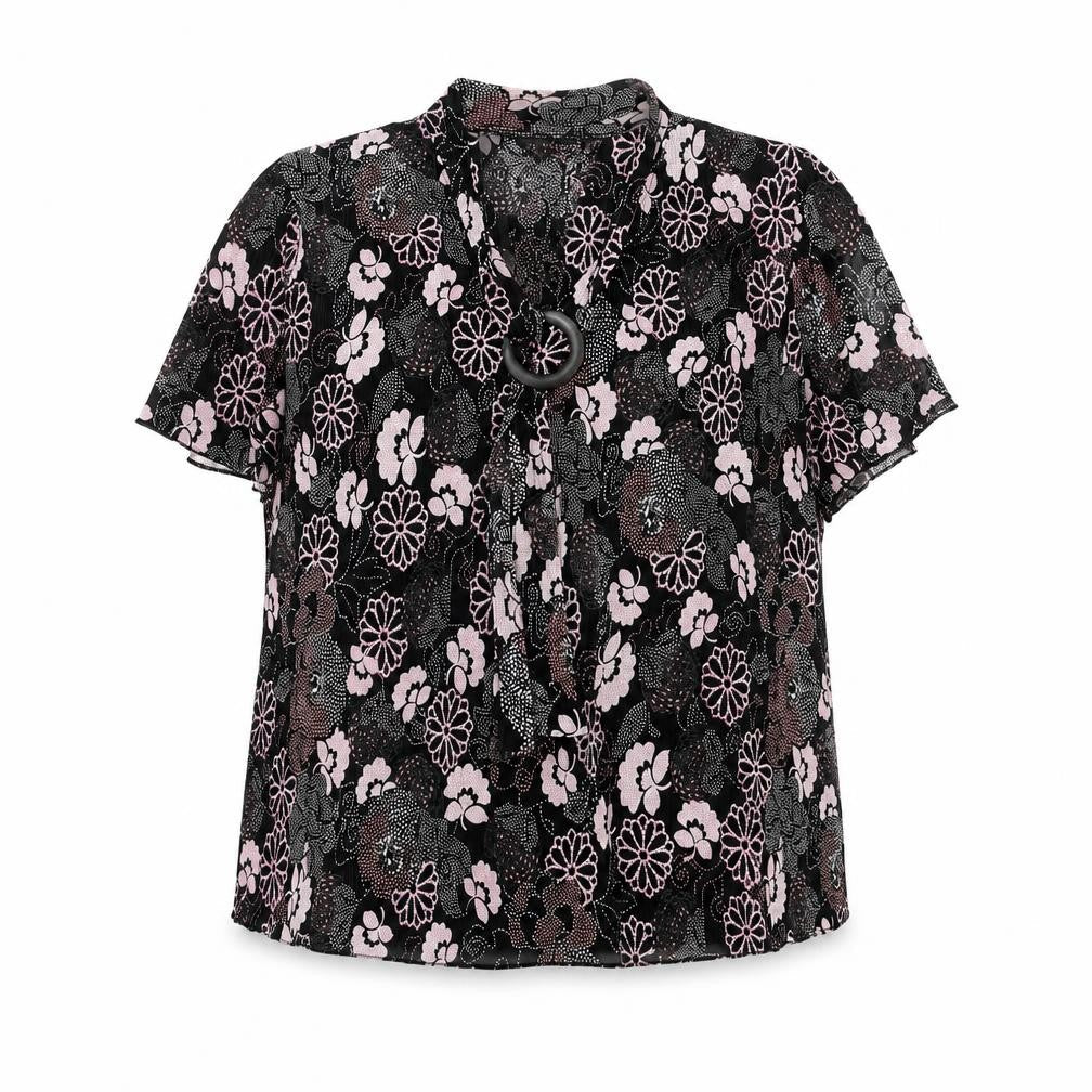 Forever Womens Black Geometric Viscose Basic Blouse Size L V-Neck