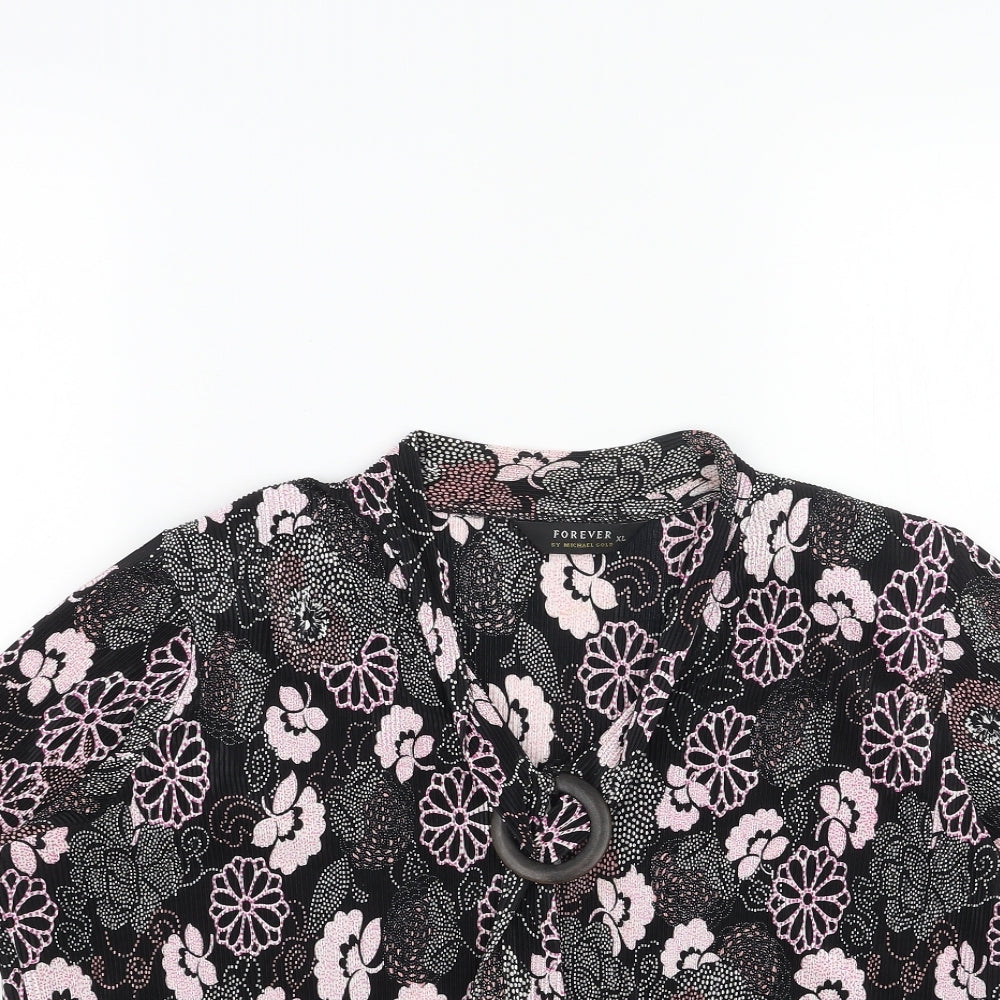 Forever Womens Black Geometric Viscose Basic Blouse Size L V-Neck