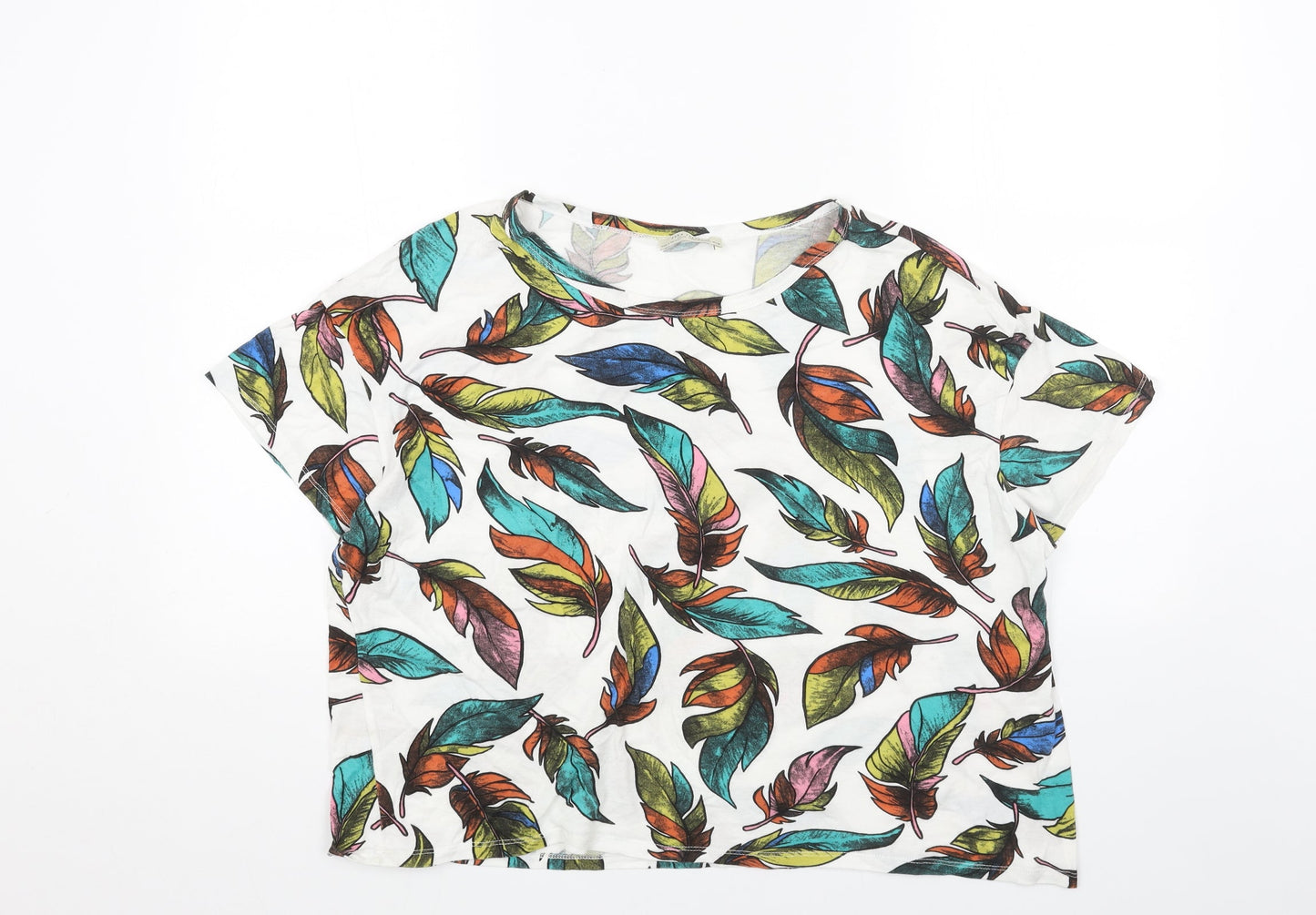 Zara Womens White Geometric Cotton Cropped T-Shirt Size L Boat Neck - Feathers