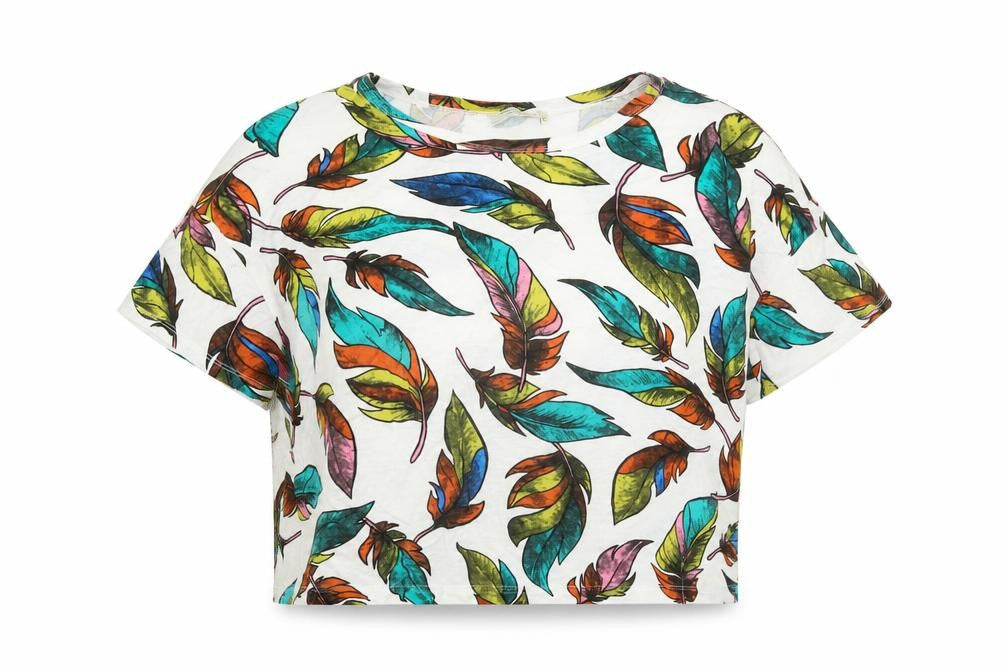 Zara Womens White Geometric Cotton Cropped T-Shirt Size L Boat Neck - Feathers