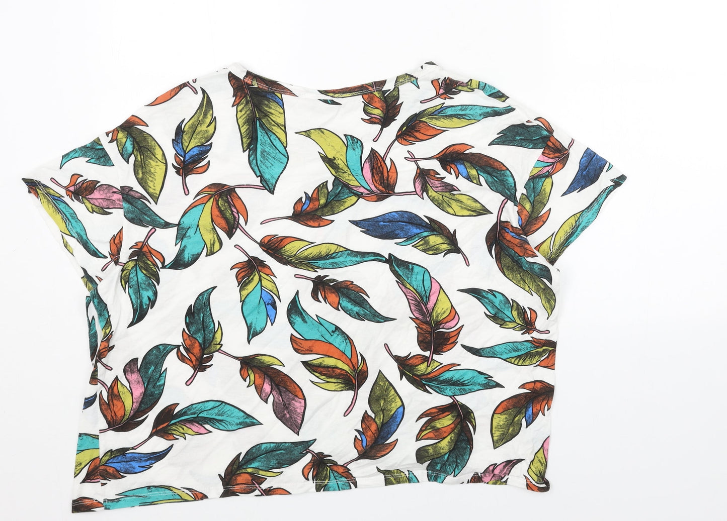 Zara Womens White Geometric Cotton Cropped T-Shirt Size L Boat Neck - Feathers