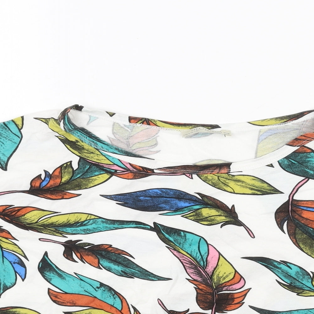 Zara Womens White Geometric Cotton Cropped T-Shirt Size L Boat Neck - Feathers