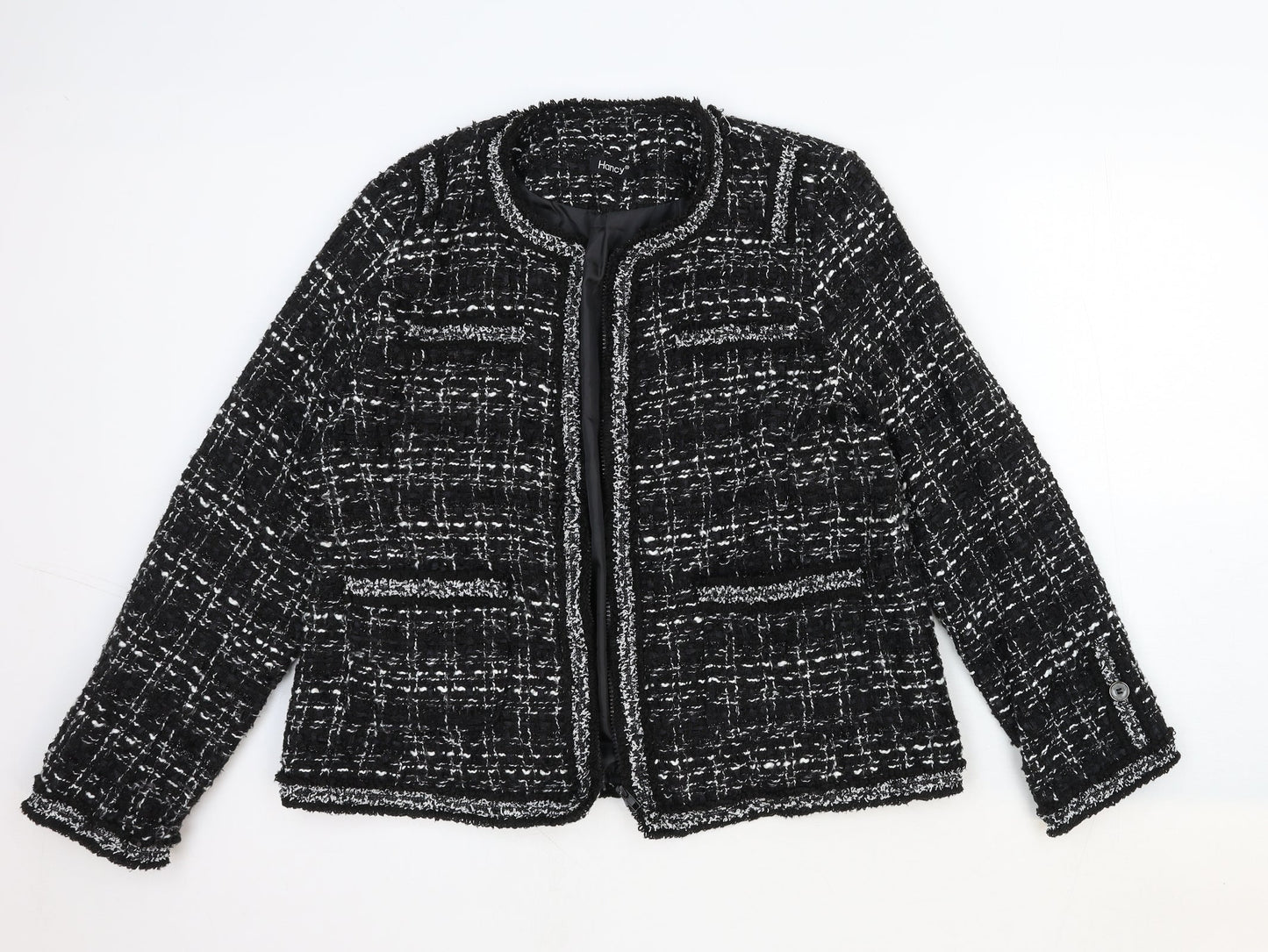 Hancy Womens Black Geometric Jacket Blazer Size M Zip