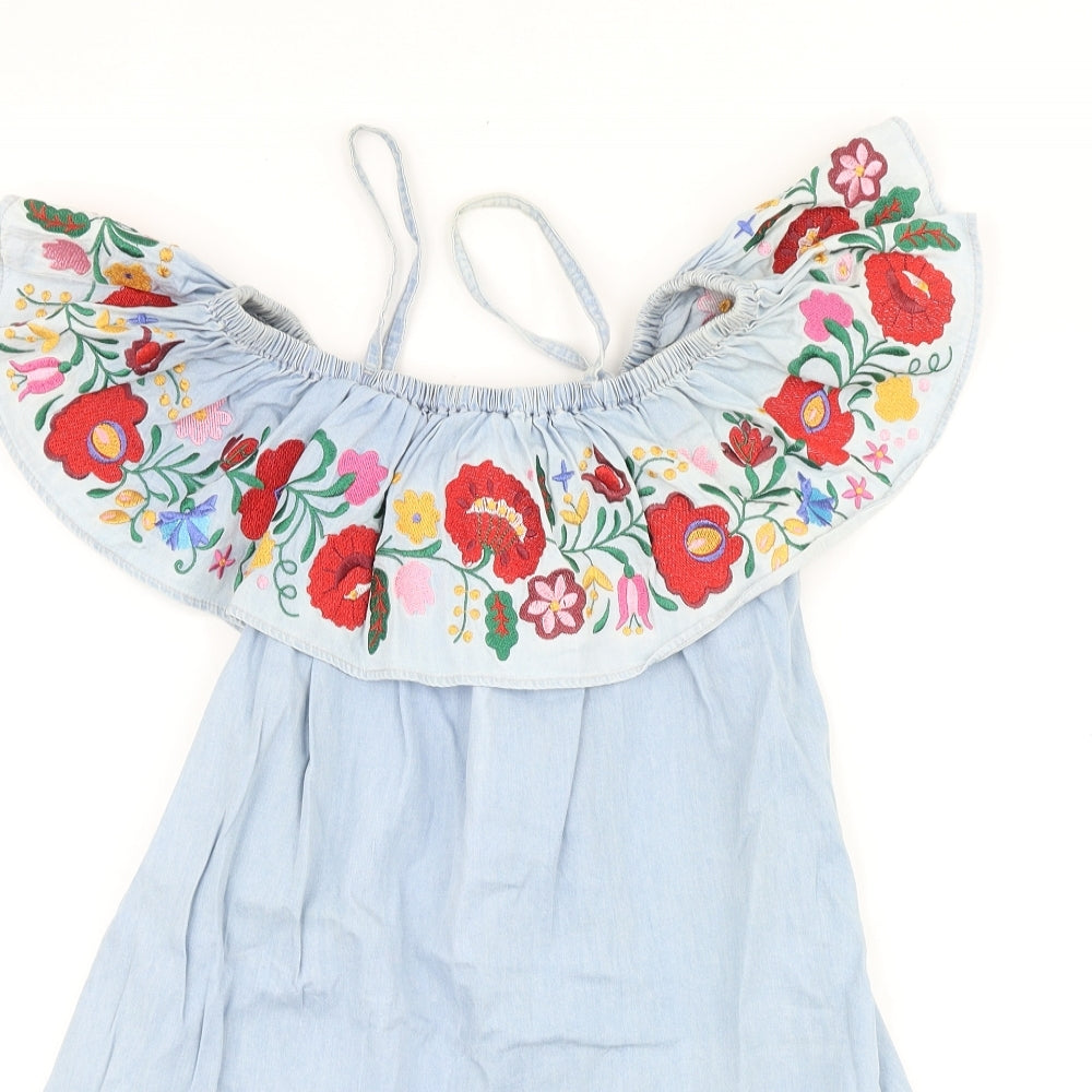 Topshop Womens Blue Floral 100% Cotton A-Line Size 6 Square Neck Pullover - Cold Shoulder