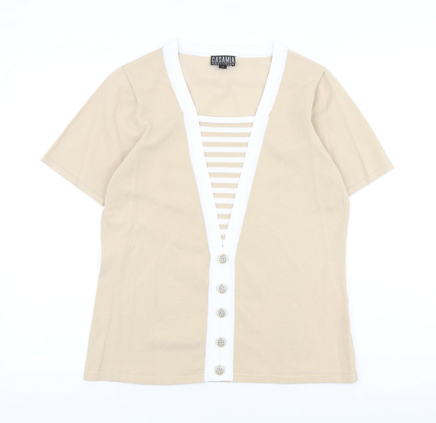 CASAMIA Womens Beige Acrylic Basic T-Shirt Size M V-Neck