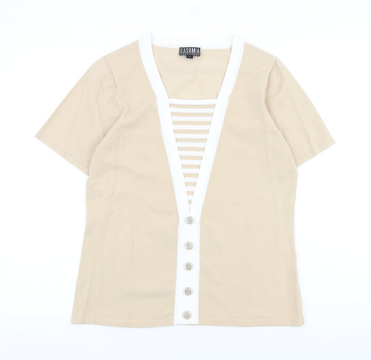 CASAMIA Womens Beige Acrylic Basic T-Shirt Size M V-Neck
