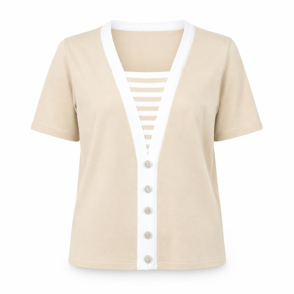 Casamia Womens Beige Acrylic Basic T-Shirt Size M V-Neck
