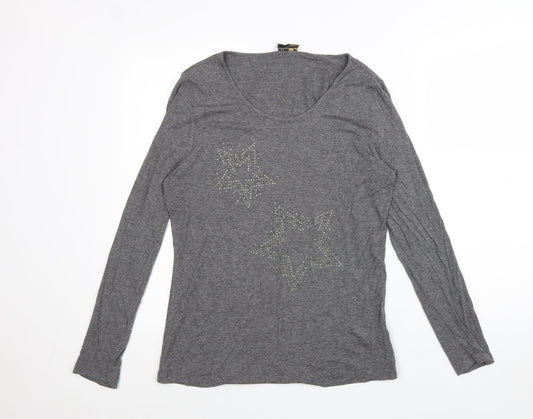 Creation L Womens Grey Cotton Basic T-Shirt Size 12 Scoop Neck - Stars